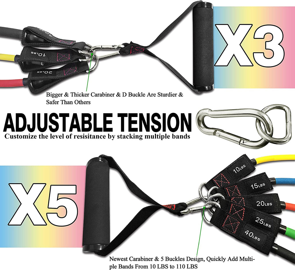 Exercise Resistance Bands with Handles - 5 Fitness Workout Bands Stackable up to 110 - 150 Lbs, Training Tubes with Large Handles, Ankle Straps, Door Anchor Attachment, Carry Bag